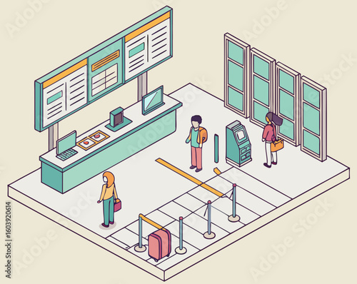 Isometric airport scene illustration showing passengers at check in counter and security checkpoint area