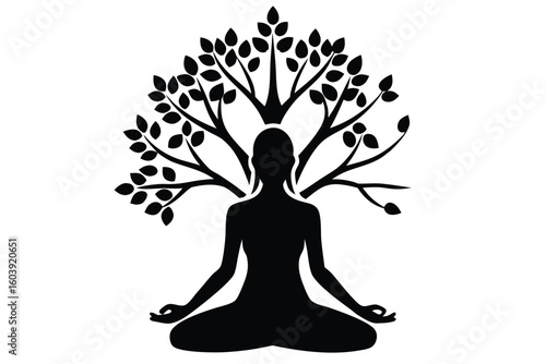 Meditating silhouette woman tree of life yoga zen