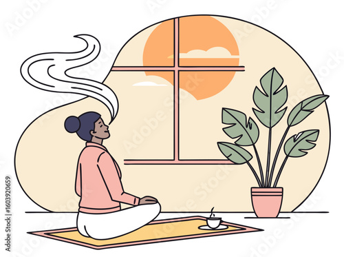 Woman meditating at home illustration mindfulness and relaxation scene with plant and sun background design
