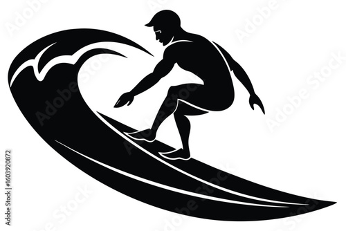 Silhouette of a surfer riding a large ocean wave