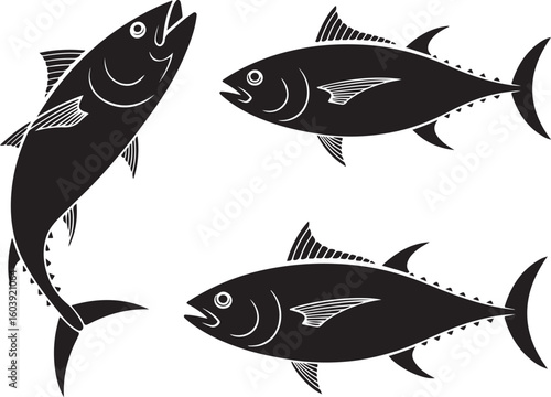 Ocean Tuna Silhouette Icons – Sport Fishing, Marine Life, and Underwater Scene Vectors