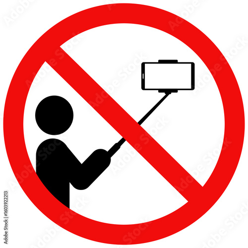 Do not selfie sign, Selfie stick prohibited sign, It is forbidden to take selfies symbol. Flat vector illustration design.