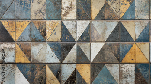 Wallpaper Mural Geometric tile wall design in muted blues golds and grays featuring a triangular pattern Torontodigital.ca