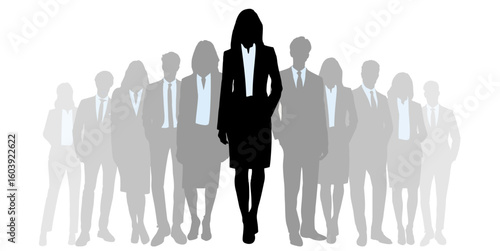 Silhouette business woman leading the team vector. Ideal for corporate leadership, teamwork, or empowerment themes. This graphic embodies strong female leadership and collaborative success.