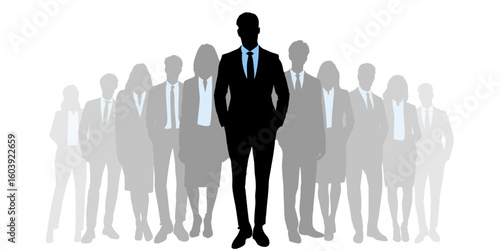 Silhouette business man leading the team vector. Perfect for corporate leadership, teamwork, or strategic guidance. This graphic represents decisive male leadership and collective achievement.