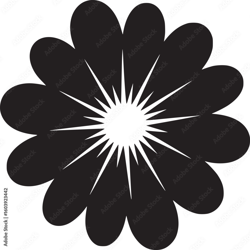 Obraz premium A stylized black and white flower with rounded petals and a starburst center on a plain white background