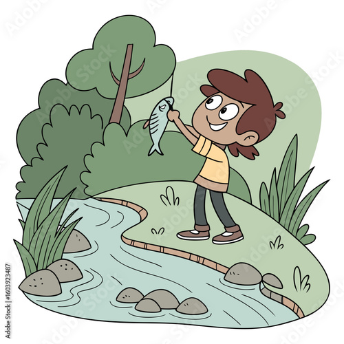 A cartoon boy smiles holding a fishing rod with a fish he caught standing near a river with green plants