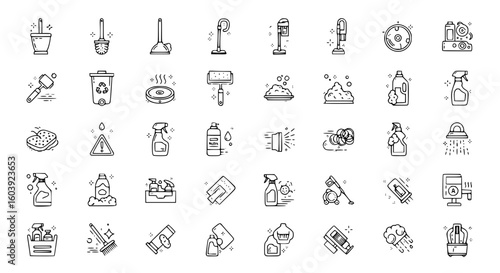 Professional Cleaning & Housekeeping Vector Icon Set - Vacuum, Mop, Spray, Sponge, Brush, Robotic Cleaner, Laundry Tools Line Icons for Service Apps & UI Design