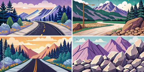 road path in rocky mountains set with stones illustration cartoon abstract collection