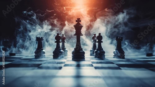 video of Chessboard game symbolizing business concepts, competition, and strategic thinking. Chess pieces set against a dark, smoky background with fog