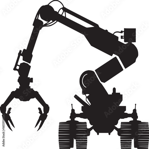 Silhouette of a robotic rover with a mechanical arm and claw on a white background, detailed design