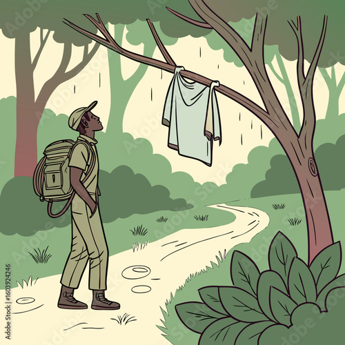 A hiker hangs a white cloth on a tree branch while walking along a path in a green landscape scene