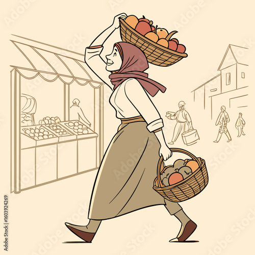 Woman carrying fruit basket on her head walking past market stall with man pushing cart nearby outdoors