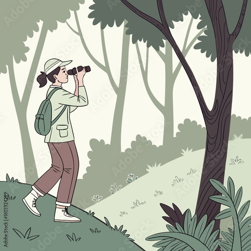 A woman with a backpack and binoculars walking on a path in a forest with tall trees and green bushes nearby