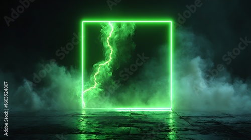Glowing Square Frame with Lightning and Mist in Green Light