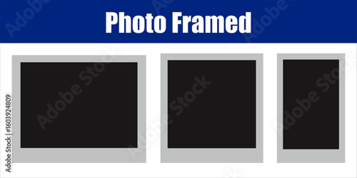Three Framed Polaroid Photo Placeholders in Varying Sizes. Three grayscale Polaroid-style frames with black photo spaces arranged in decreasing width.