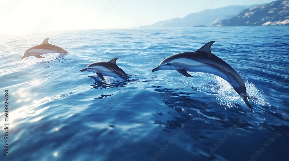 Fototapeta premium Four dolphins leaping together in morning ocean light high resolution picture