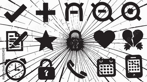 Assorted black icons on a white background with a cracked glass effect overlaying the image