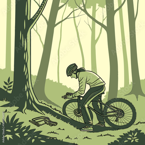 Cyclist wearing helmet and sportswear riding bicycle in forest with trees and discarded helmet strap nearby