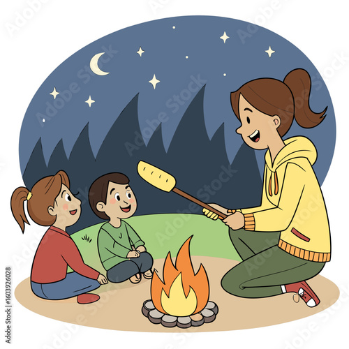 A woman and two children are sitting around a campfire at night with mountains and stars in the background