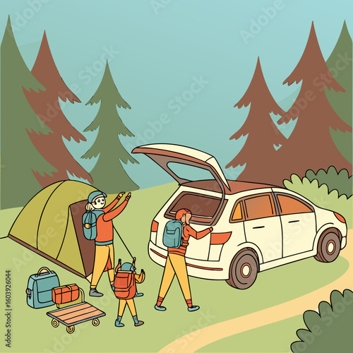 Family preparing for camping trip with car tent and luggage in a forest setting illustration art