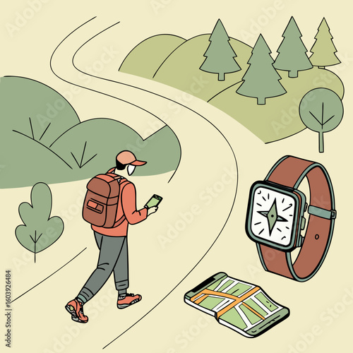 A hiker with a backpack using a smartphone on a trail with trees and a watch with a compass nearby
