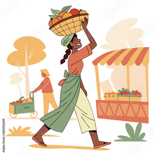 Woman carrying fruit basket on her head walking past market stall with man pushing cart nearby outdoors