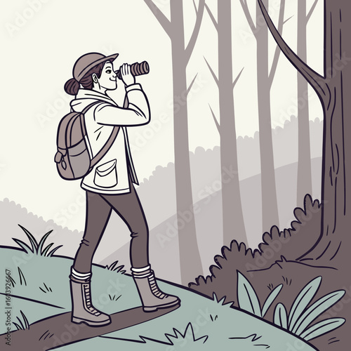 A woman with a backpack and binoculars walking on a path in a forest with tall trees and green bushes nearby