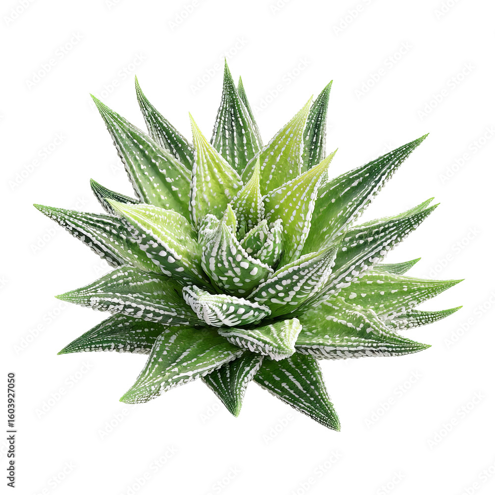 Fototapeta premium PNG of Vibrant green succulent plant with intricate white patterns, showcasing its unique texture and form.