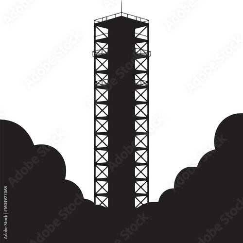 A tall tower structure with cross bracing in black silhouette against a white background with clouds