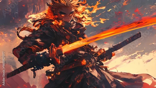 video of dynamic anime warrior wielding a flaming sword in an epic action stance