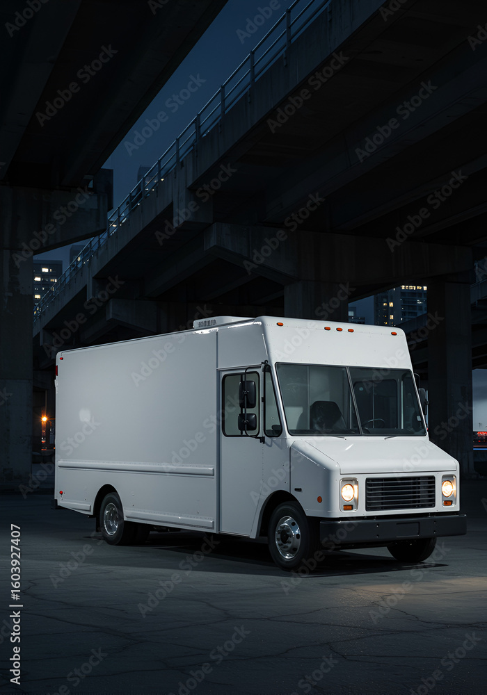 Naklejka premium White delivery van under urban overpass at night