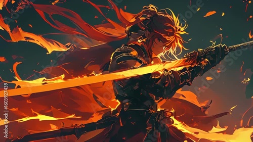 video of dynamic anime warrior wielding a flaming sword in an epic action stance