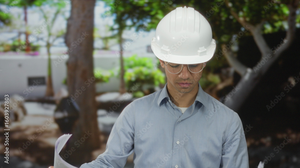 Young hispanic man wearing hardhat reviews blueprints while smiling near building; planning confidence. Young hispanic man wearing hardhat reviews blueprints while smiling near building; planning confidence.
