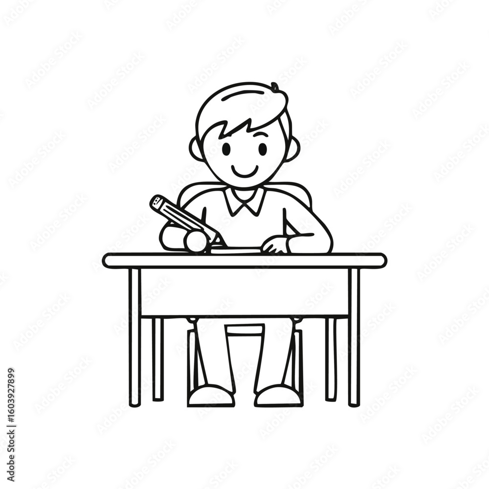 A student sits and writes at a school desk with a smile, focusing on study in a learning environment A student sits and writes at a school desk with a smile, focusing on study in a learning environment