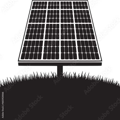 Monochrome illustration of a solar panel on a stand surrounded by grass against a white background