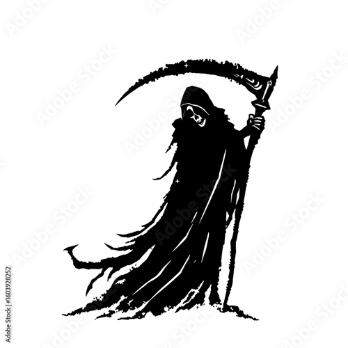 the grim reaper in silhouette, wielding a scythe of death