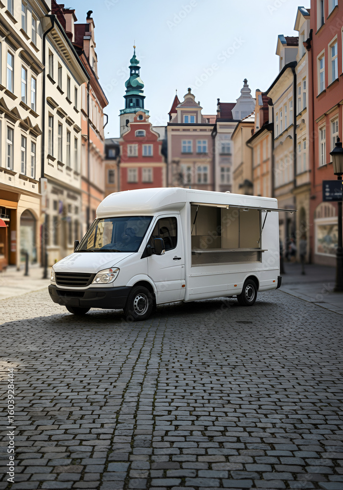 Obraz premium White food truck in a European city street