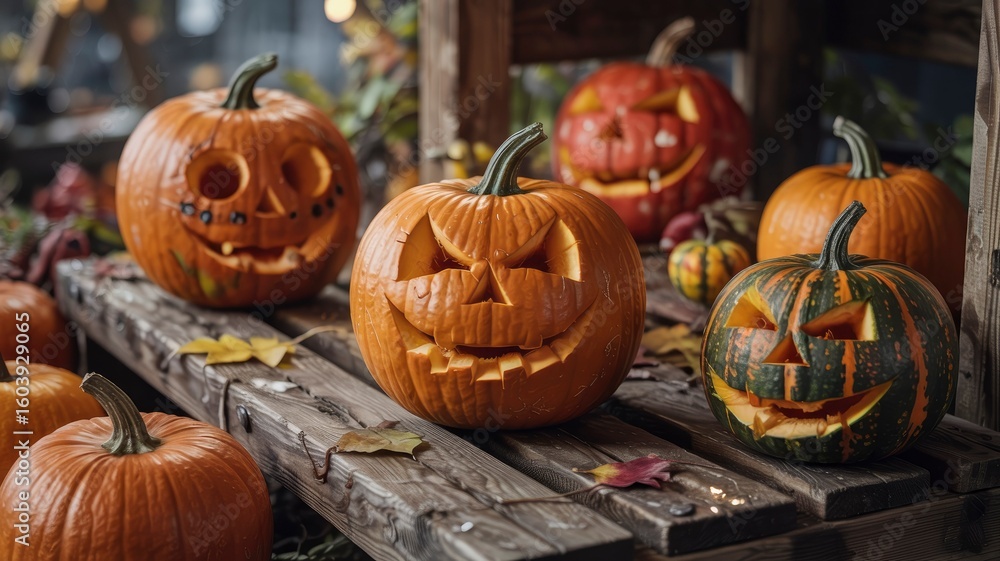Obraz premium Spooky Halloween Jack-o'-lanterns on Rustic Wooden Shelf