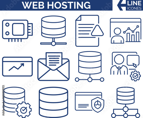 Modern Web Hosting & Cloud Icons  — Cloud, Server & Domain Vector Set. Website & Data Center,  FTP, DNS & Cloud Storage, Network & Server. Tech Hosting Icons.