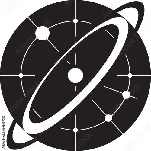 A black and white illustration of a stylized planet with rings and orbital paths around it design