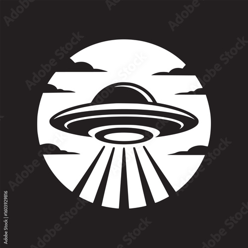 A black and white illustration of a ufo with a circular background and some clouds around it