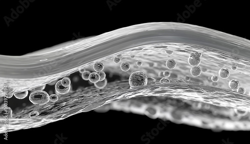 A microscopic view of a skin cell cross-section, showcasing a wavy, layered structure with numerous circular cells inside. A detailed, abstract black and white illustration on a dark background.