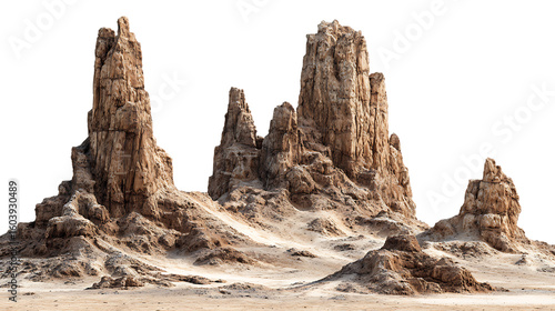 Jagged rock formations in a barren desert landscape under a white sky isolated on transparent background