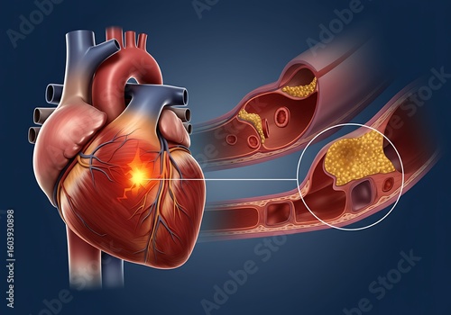 Heart Disease Illustration Showing Atherosclerosis and Cardiac Infarction with Plaque Buildup in Arteries Affecting Blood Flow
