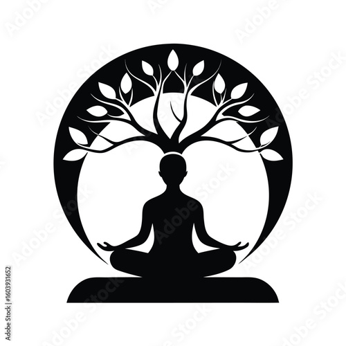 Meditating person embracing tree of life symbol silhouette