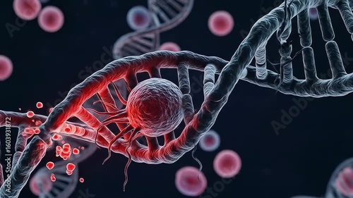 An illustration of a cancer cell damaging a DNA double helix