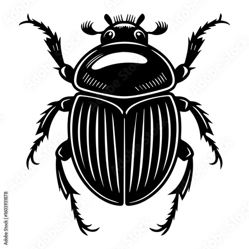 Black and white vector illustration of a dung beetle in a linocut or woodcut style for Nature Enthusiasts and Insect Art Collectors