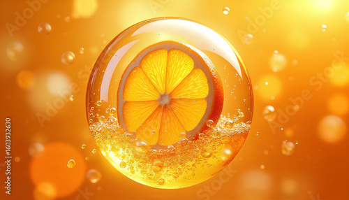 A bright orange slice encapsulated within a clear, glowing bubble, surrounded by effervescent bubbles and set against a warm, sun-kissed orange background.