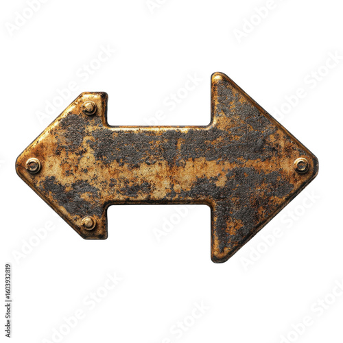 Rusty Double Headed Arrow Symbol on Black Backdrop Industrial Design Direction Sign Grunge on transparent background